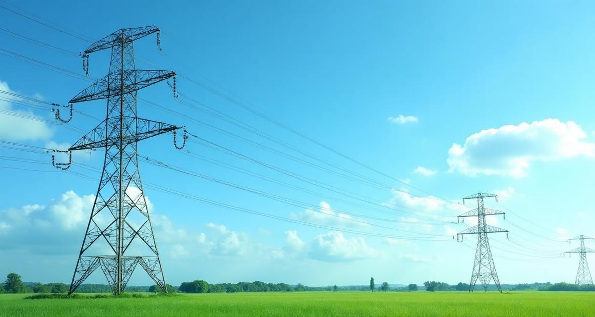 Electric power lines against blue sky representing CO2 emissions from electricity